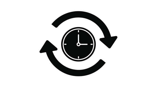 Black clock icon with circular arrows indicating a time loop or repetition