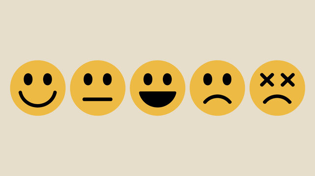 A series of five yellow emoji faces display a range of emotions from happy and neutral to joyful sad and dead high quality professional detailed modern