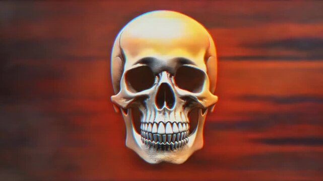 煙のように揺らぐグリッチの闇から浮かび上がる骸骨頭部のホラーハロウィン背景