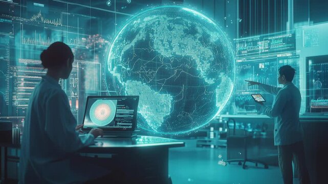 Data Scientists Analyze Global Digital Network in Futuristic Control Room