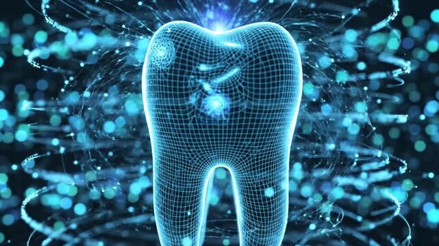 Digital tooth wireframe glowing with data connections in a futuristic medical animation video