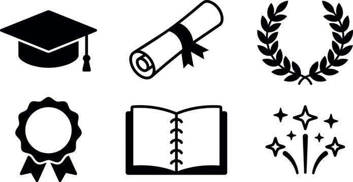Minimalist black graduation cap diploma laurel wreath ribbon badge open book celebration icons set