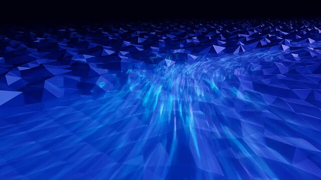 Abstract blue polygon landscape with flowing energy and digital art elements