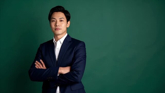 深いマットグリーン背景のスタジオで腕を組んで立つビジネス男性のポートレート映像。
柔らかなスタジオ照明が自然な肌の質感とチャコールジャケットの落ち着いた色合いを強調。
