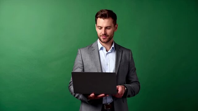 Studio footage of a businessman reviewing a laptop against a deep matte green background.
Soft studio lighting highlights natural skin texture and neutral professional clothing.
Wide composition with 