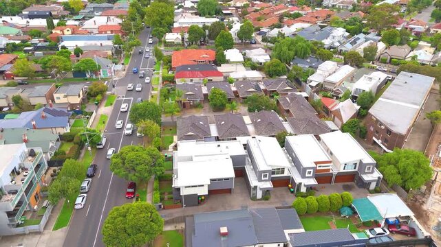10 March 2026 Panoramic Aerial Drone view of Inner Suburbs of Melbourne housing, roof tops, the streets and the parks, the roads and trees of Ascot Vale Moonee Ponds Essendon VIC Australia