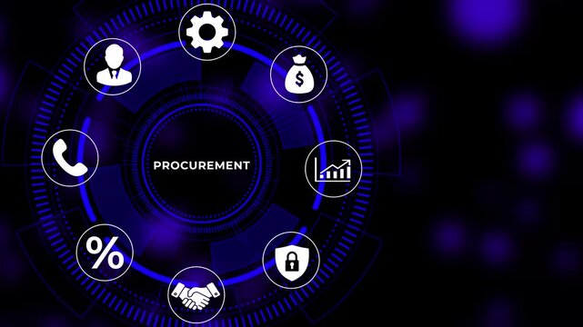 Procurement process business concept with and symbols on a futuristic blue and black background management