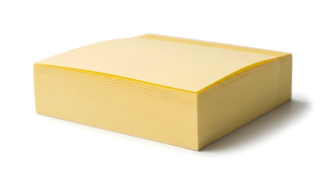 A bright yellow stack of sticky notes casting a soft shadow on a white background, perfect for reminders and organization