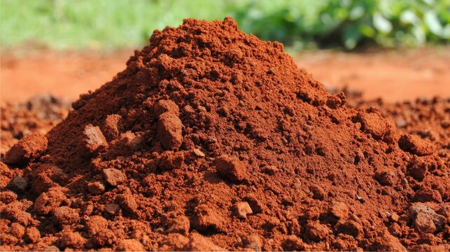 Sunlit deep red soil of the African earth, rich and fertile, showcasing natural texture and agricultural potential.