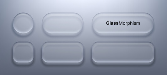 Liquid glass morphism vector buttons with soft blur and transparency effect. Modern UI element set for website interface design and mobile app navigation components. Minimalist web style.