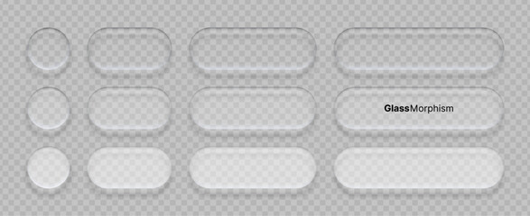 Fototapeta na wymiar Liquid glass morphism vector elements set. Transparent frosted UI buttons and shapes with soft blur effect. Modern graphic design components for website interface and mobile application.