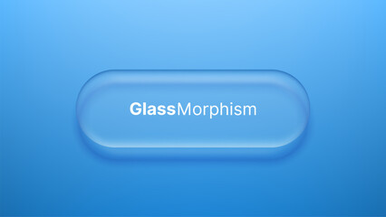 Plakat Liquid glass morphism vector button with frosted transparency effect. Matte plastic UI element on blue gradient background. Modern digital interface design component for web application.