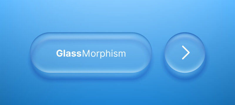 Liquid glass morphism vector button with arrow icon. Frosted translucent panel on blue background. User interface design element for website or digital application interaction concept.