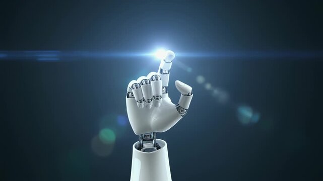 指先で光をつまむロボットの手が示す革新的アイデアの象徴