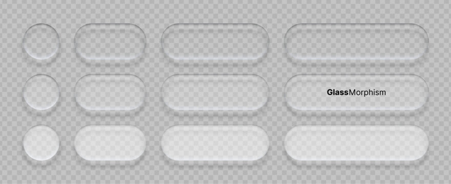 Liquid glass morphism vector elements set. Transparent frosted UI buttons and shapes with soft blur effect. Modern graphic design components for website interface and mobile application.