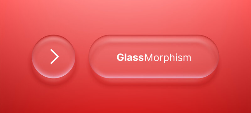Red liquid glass morphism interface element with arrow button. Transparent frosted matte rectangle and circle shape with blur effect for UI design. Modern web site button app style.