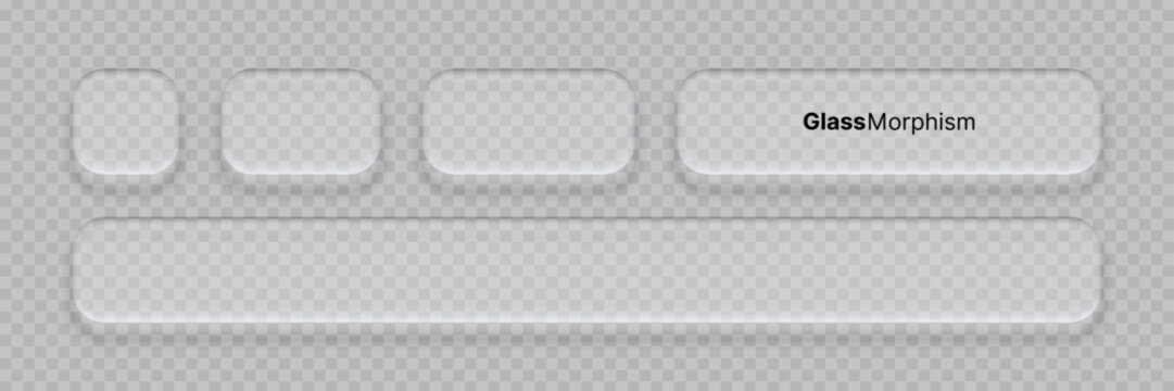 Collection of rectangular glass morphism UI elements with frosted texture. Transparent web button kit for modern interface design. Minimalist graphic template for digital application layout.