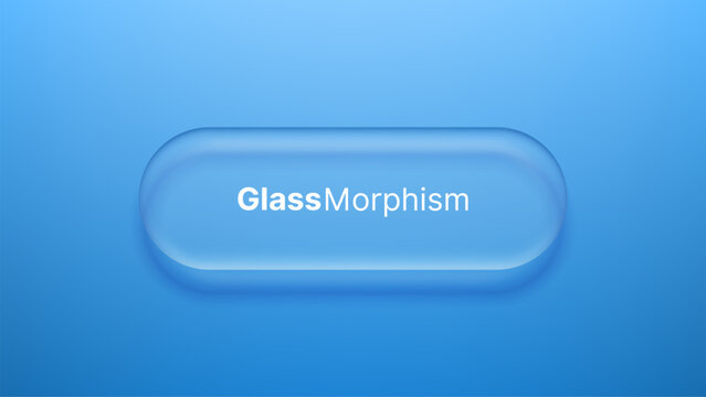 Liquid glass morphism vector button with frosted transparency effect. Matte plastic UI element on blue gradient background. Modern digital interface design component for web application.