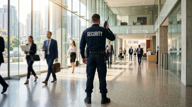 A security guard stands watch in a modern office building lobby area