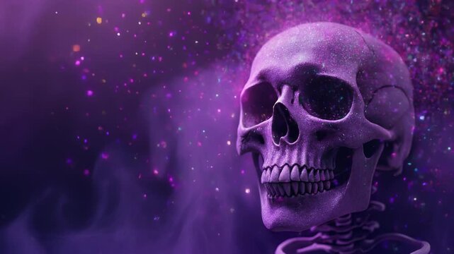 紫の煙ときらめく光粒子が漂う神秘的ハロウィンスカル背景