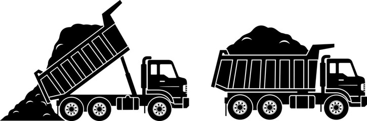 Dump truck silhouettes set, construction tipper truck unloading soil gravel, heavy equipment vehicle vector illustration isolated on white background © Tohidul