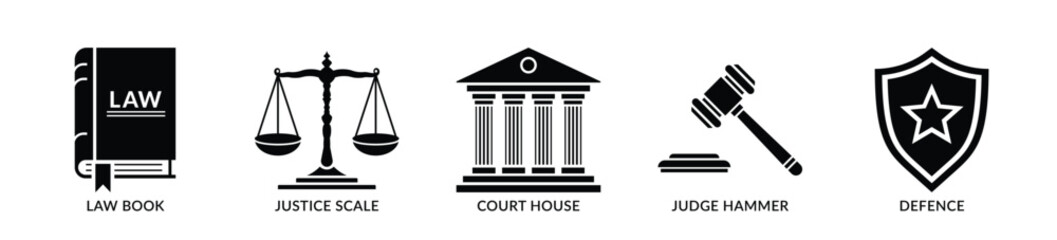 Obraz premium Law justice icon set. Set of Justice, courthouse, and law icon - Stock Vector 