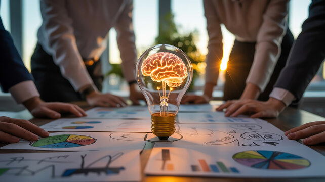 Business team brainstorming with creative idea light bulb