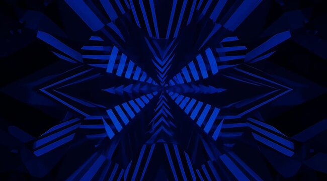 Geometric abstraction with symmetrical blue pattern on a dark background, modern art