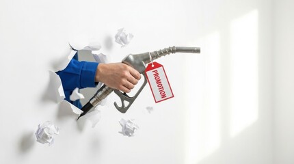 Hand in blue uniform sleeve holds a silver fuel pump nozzle protruding from torn white paper A red tag with 'PROMOTION'