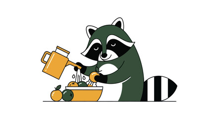 Cartoon raccoon washing fruit © Star