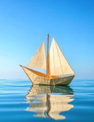 Fototapeta premium Origami sailboat floating on calm blue water with clear sky.
