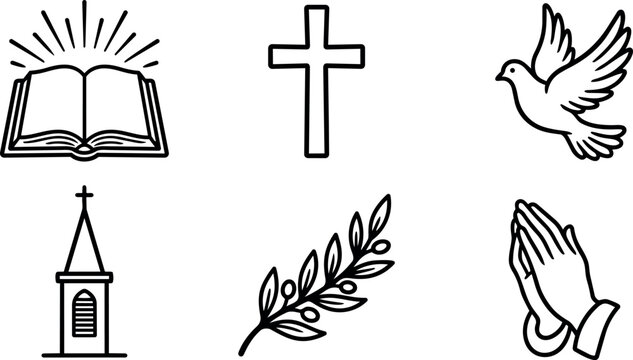 Black line art christian symbols including praying hands open bible flying dove church building and olive branch vector icons isolated