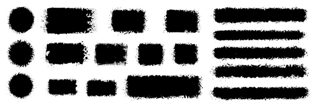 Black ink brush stroke rectangle and circle set. Handdrawn style torn edge paint blocks and straight lines. Grunge rubber stamp texture. Square and round heavy ink dabs for banner and divider.