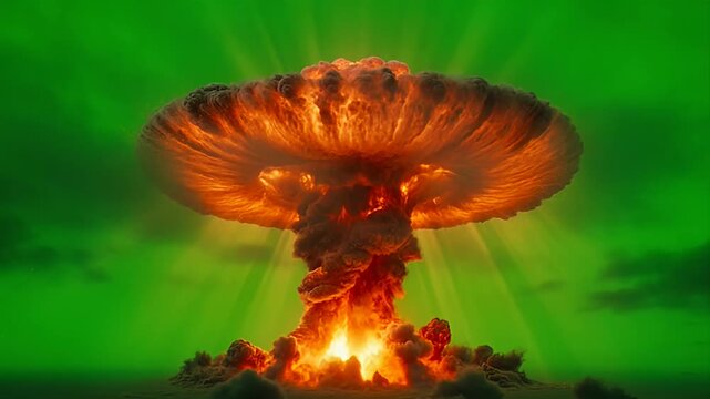 Dramatic nuclear explosion with mushroom cloud against an eerie green sky