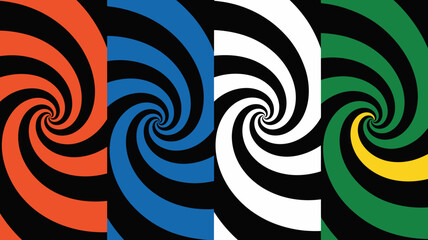Fototapeta premium A vibrant composition displays four swirling spirals each divided into black and a distinct primary or secondary color high quality professional detailed modern elegant stylish clean