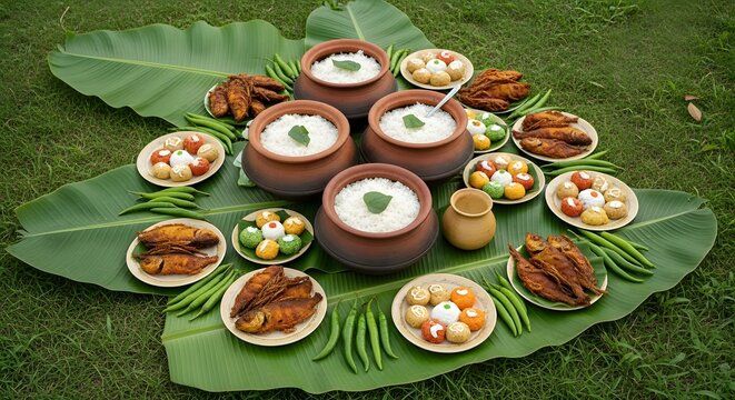 Traditional outdoor Thai food buffet on banana leaves imlek year of the horse chinese new year