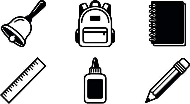 Black and white flat design school supplies icons including bell backpack notebook ruler glue and pencil set