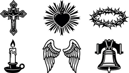 Naklejka premium Sacred religious symbols including crucifix with jesus shining sacred heart with flames crown of thorns candle wings and bell vector art