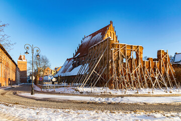 Medieval ruined church in Elblag. Renovation and reconstruction in the historic district