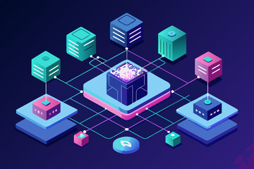 Isometric digital illustration depicts a centralized glowing data core connected by glowing lines to surrounding server blocks for decentralized network concept.