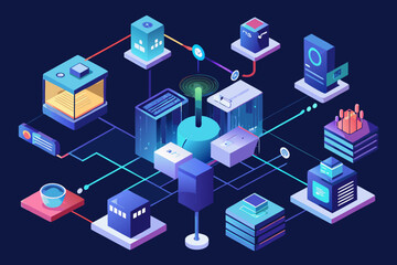 Complex network diagram illustrates various interconnected digital devices and processes forming a cohesive system structure on a dark interface.