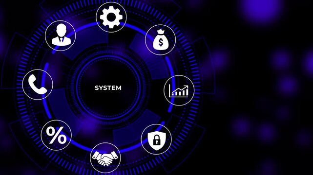 Business system on a futuristic dashboard with finance and technology symbols