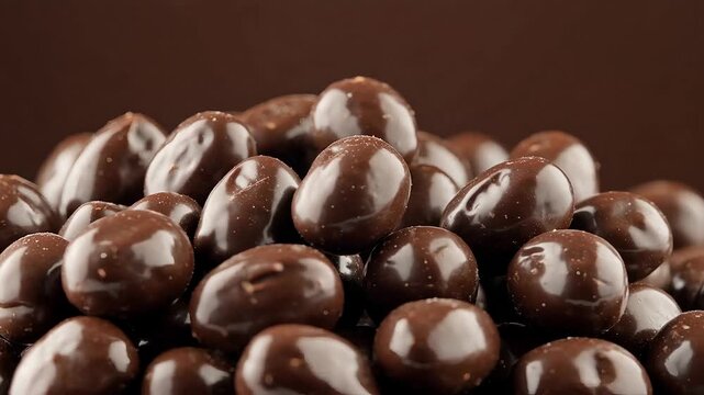 Many round dark chocolate covered nuts with glossy texture
