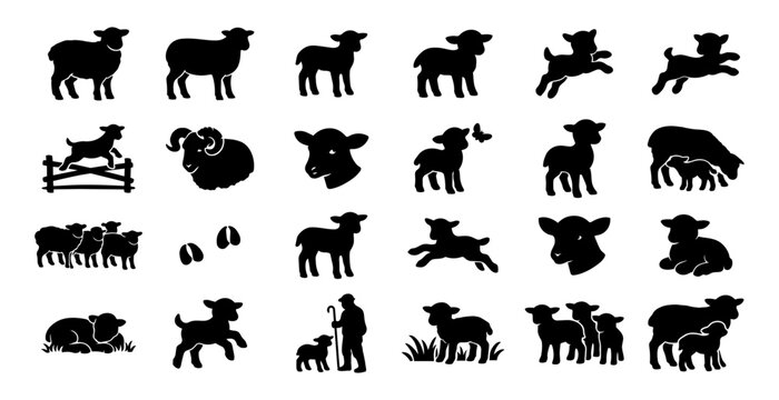 Sheep and Lamb Silhouette Set &ndash; Farm Livestock Animals, Lamb Jumping, Grazing, Ram, Flock, Pastoral Farming Icons