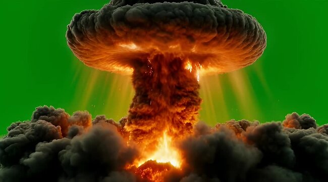 Spectacular mushroom cloud explosion against a vibrant green screen backdrop, showcasing the intensity
