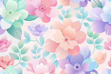 Obraz premium Softly blended pastel floral pattern features abundant stylized blossoms and curling green leaves arranged densely across a pale background design element.