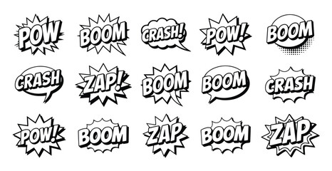 Comic Book Sound Effect Speech Bubble Set, Retro Comic Sound Effect Burst Collection, Bold Comic Book Action Word Explosion Bubble Bundle, Superhero Comic Strip Sound Effect © magic390