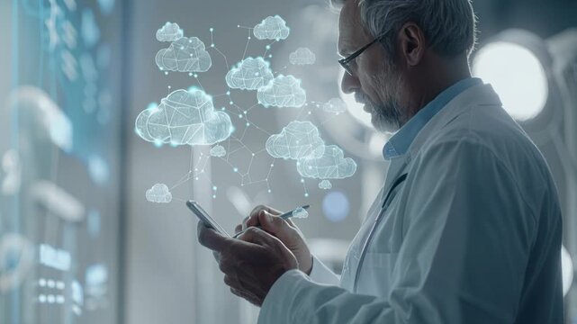 Senior Scientist Analyzing Cloud Network Data on Smartphone