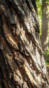 Close-up of rugged tree bark in a sunlit forest.