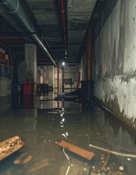 Flooded basement with standing water and exposed pipes.